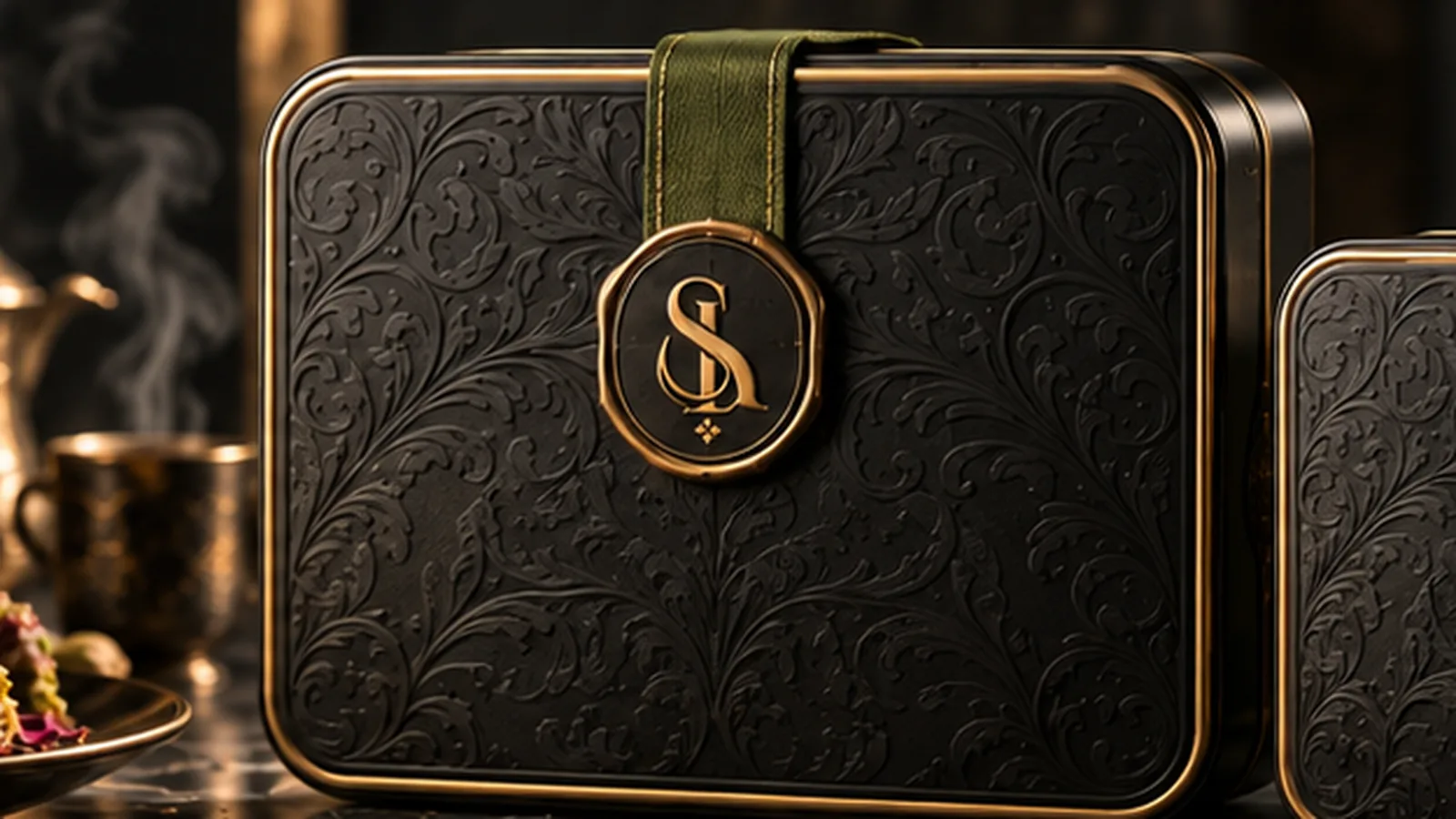 SUKVELA embossed noir gift tin with an antique gold wax seal and olive ribbon