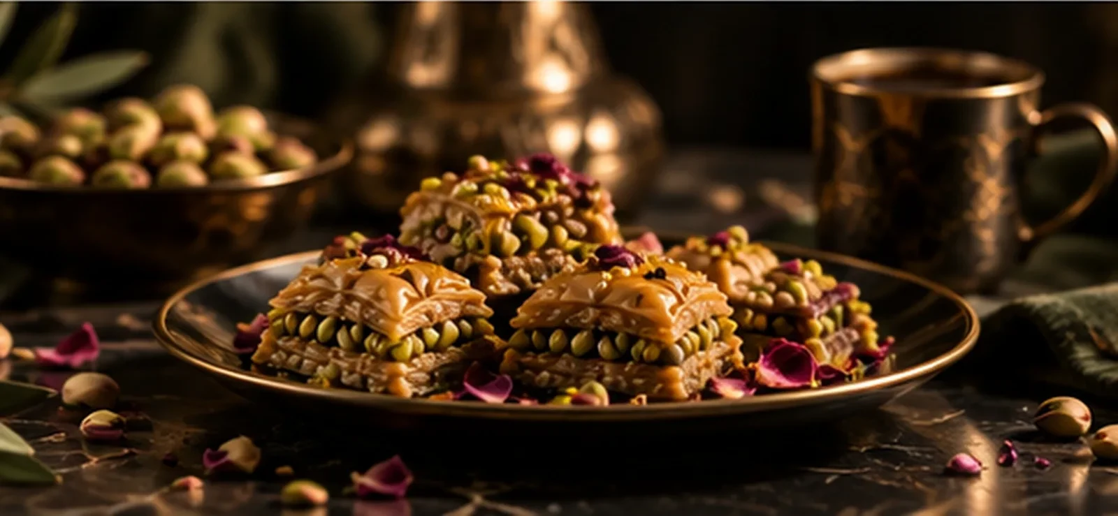 Pistachio baklava on a gold-rimmed plate with rose petals and an engraved copper cup